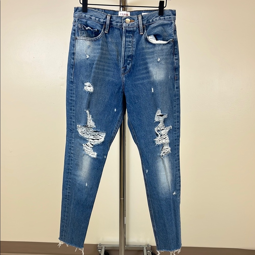 Frame Denim Blue Cropped Ankle Jeans with Distressed Details